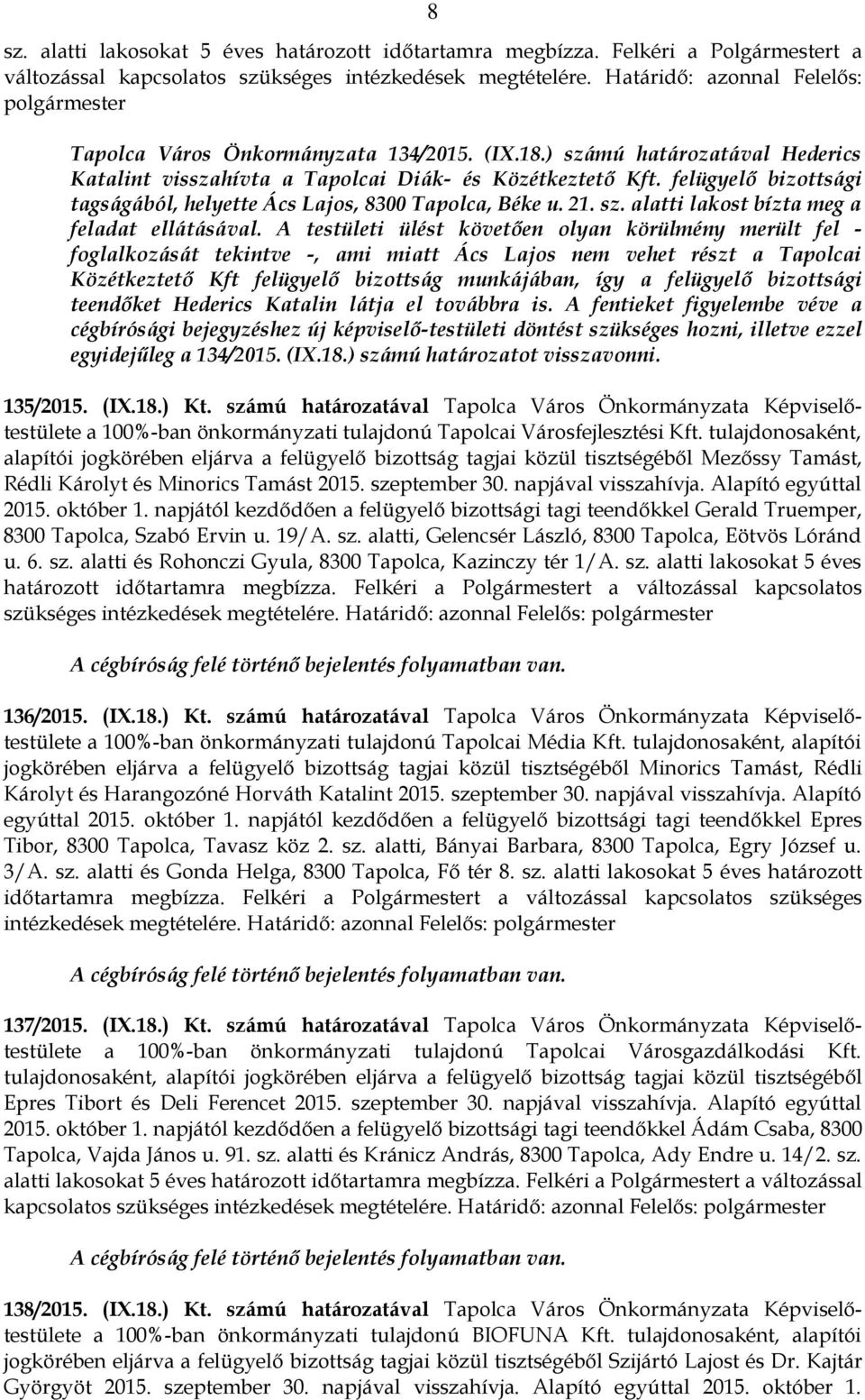 felügyelő bizottsági tagságából, helyette Ács Lajos, 8300 Tapolca, Béke u. 21. sz. alatti lakost bízta meg a feladat ellátásával.