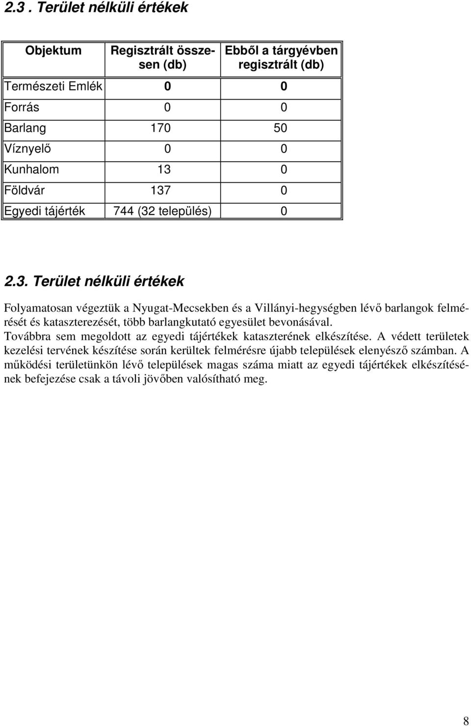 Továbbra sem megoldott az egyedi tájértékek kataszterének elkészítése. A védett területek kezelési tervének készítése során kerültek felmérésre újabb települések elenyészı számban.