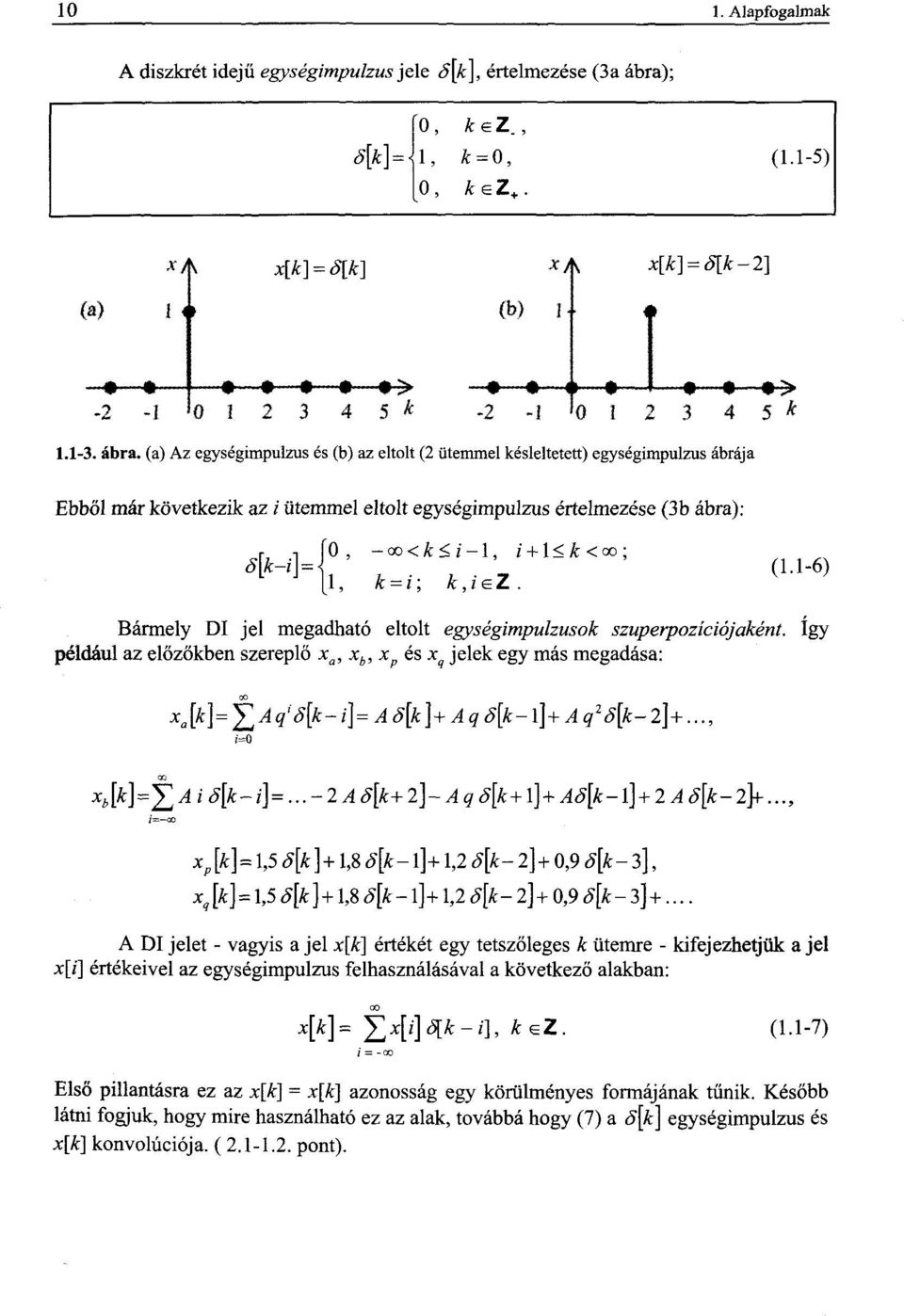 (a) Az egységimpulzus és (b) az eltolt (2 ütemmel késleltetett) egységimpulzus ábrája Ebből már következik az i ütemmel eltolt egységimpulzus értelmezése (3b ábra): Í0, - oo <fc < z' -1, i' +