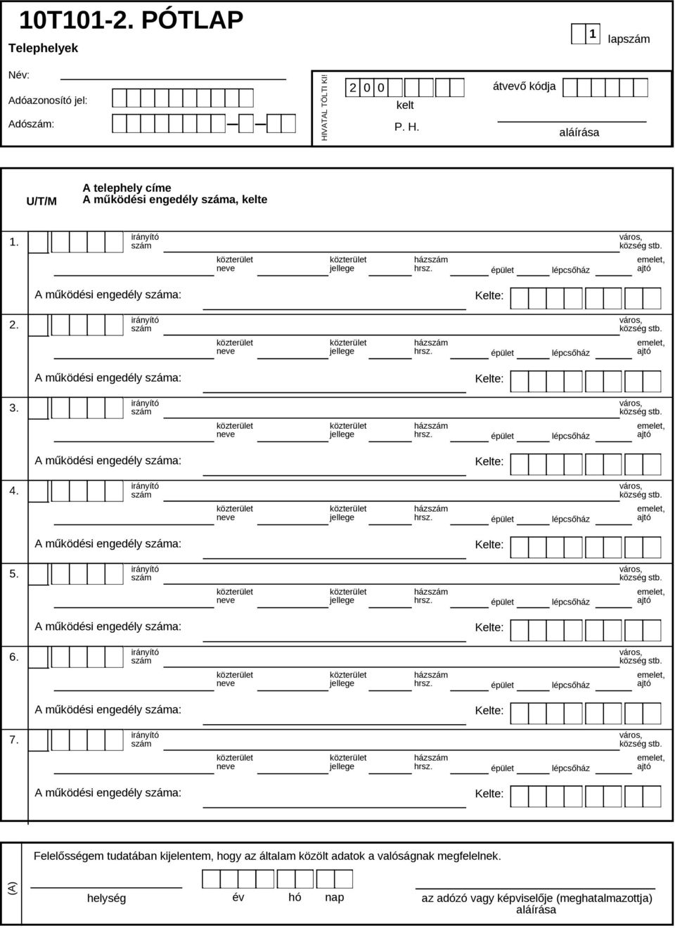 átvevő kódja /M A telephely címe A működési engedély a, kelte A működési engedély a: A működési engedély a: A