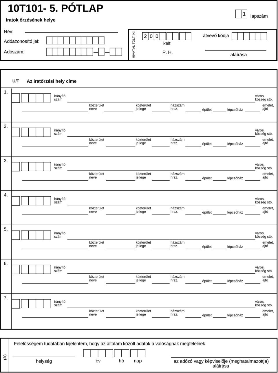 átvevő kódja Az iratőrzési hely címe Felelősségem tudatában