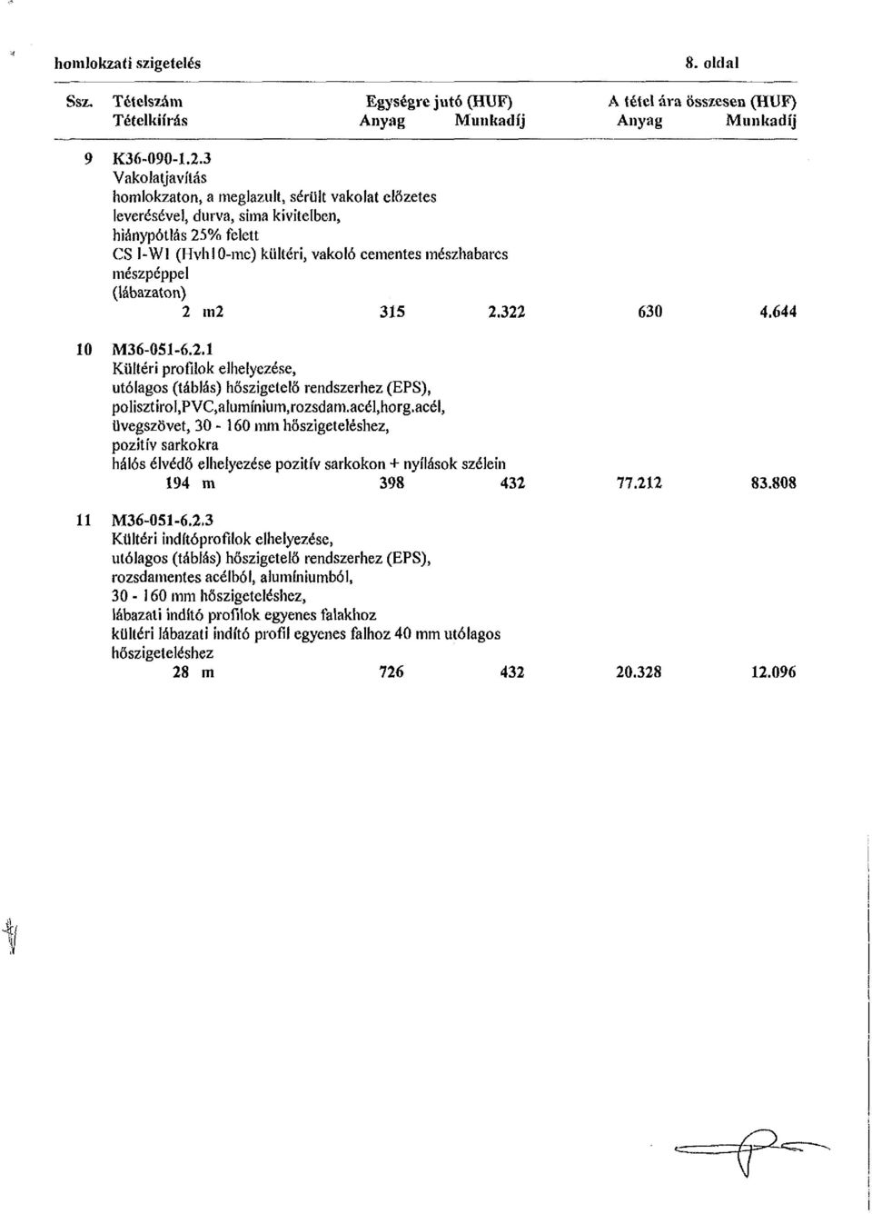 (lábazaton) 2 m2 315 2.322 630 4.644 10 M36-051-6.2.1 Kültéri profilok elhelyezése, utólagos (táblás) hőszigetelő rendszerhez (EPS), polisztiroi,pvc,aiumíníurn,rozsdam.acél,horg.