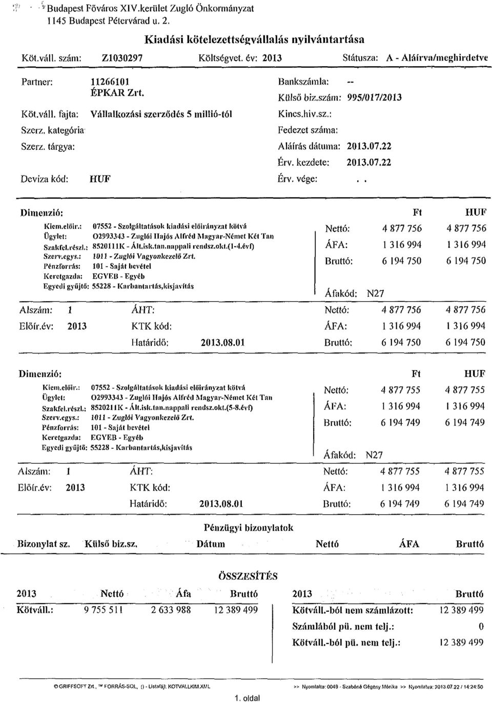 szám: 995/017/2013 Kincs.hiv.sz.: Fedezet száma: Aláírás dátuma: 2013.07.22 Érv. kezdete: 2013.07.22 Érv. vége:.. Dimenzió: Kiem.előh'.