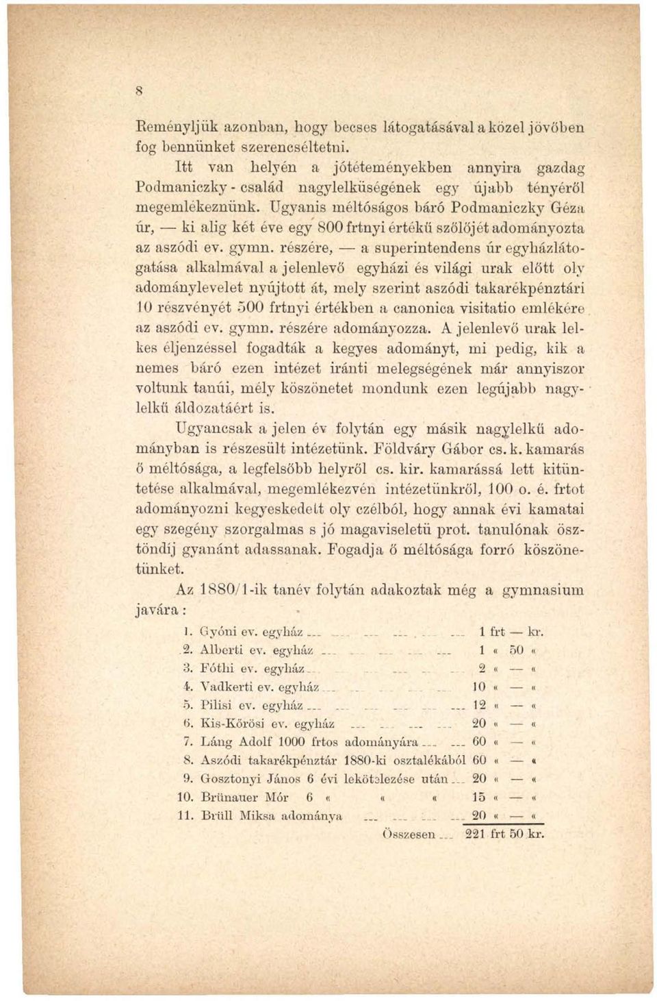 Ugyanis méltóságos báró Podmaniczky Géza úr, ki alig két éve egy 800 frtnyi értékű szőlőjét adományozta az aszódi ev. gymn.