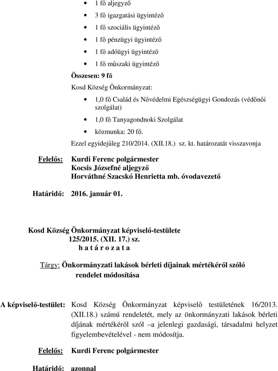 határozatát visszavonja Horváthné Szacskó Henrietta mb. óvodavezető Határidő: 2016. január 01. 125/2015. (XII. 17.) sz.