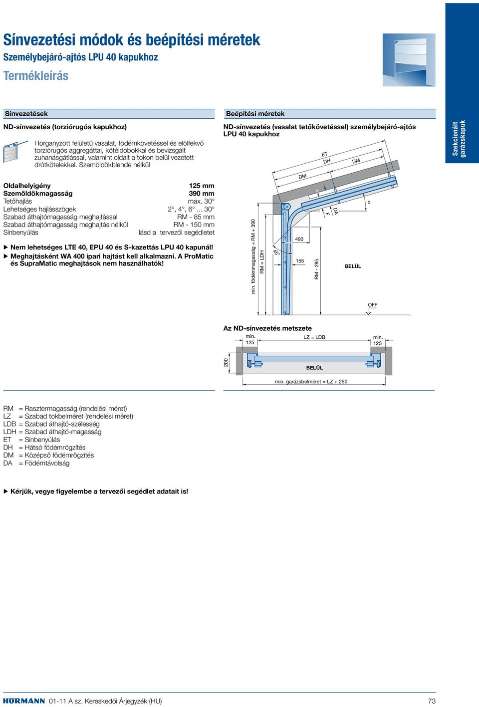 .. 30 Szabad áthajtómagasság meghajtással - 85 mm Szabad áthajtómagasság meghajtás nélkül - 150 mm Sínbenyúlás lásd a tervezői segédletet Nem lehetséges LTE 40, EPU 40 és S-kazettás LPU 40 kapunál!