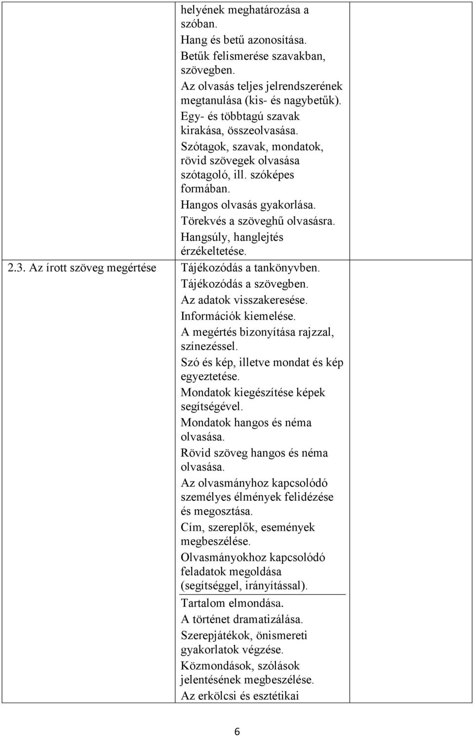 Hangsúly, hanglejtés érzékeltetése. 2.3. Az írott szöveg megértése Tájékozódás a tankönyvben. Tájékozódás a szövegben. Az adatok visszakeresése. Információk kiemelése.