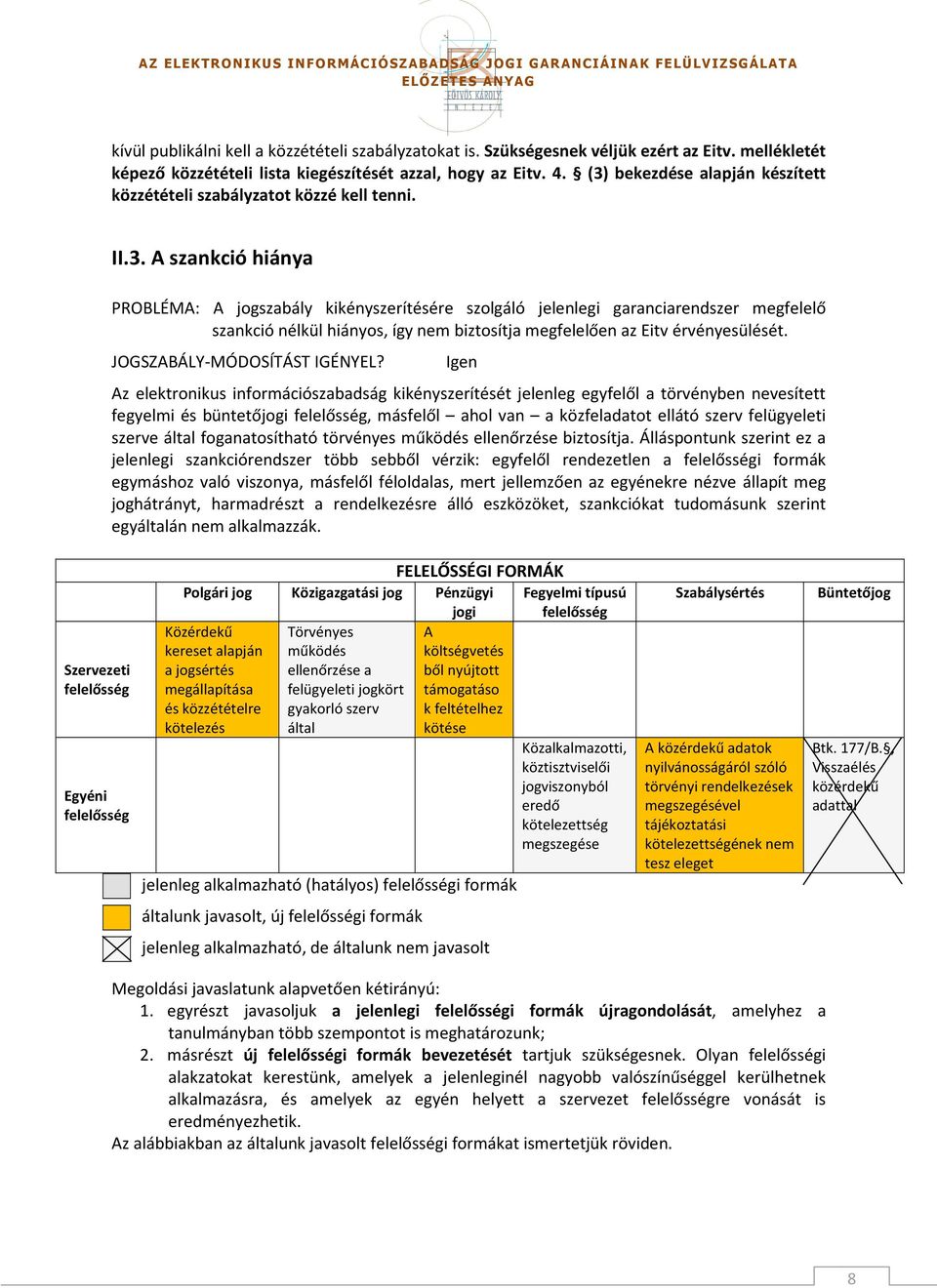 Az elektronikus információszabadság kikényszerítését jelenleg egyfelől a törvényben nevesített fegyelmi és büntetőjogi felelősség, másfelől ahol van a közfeladatot ellátó szerv felügyeleti szerve