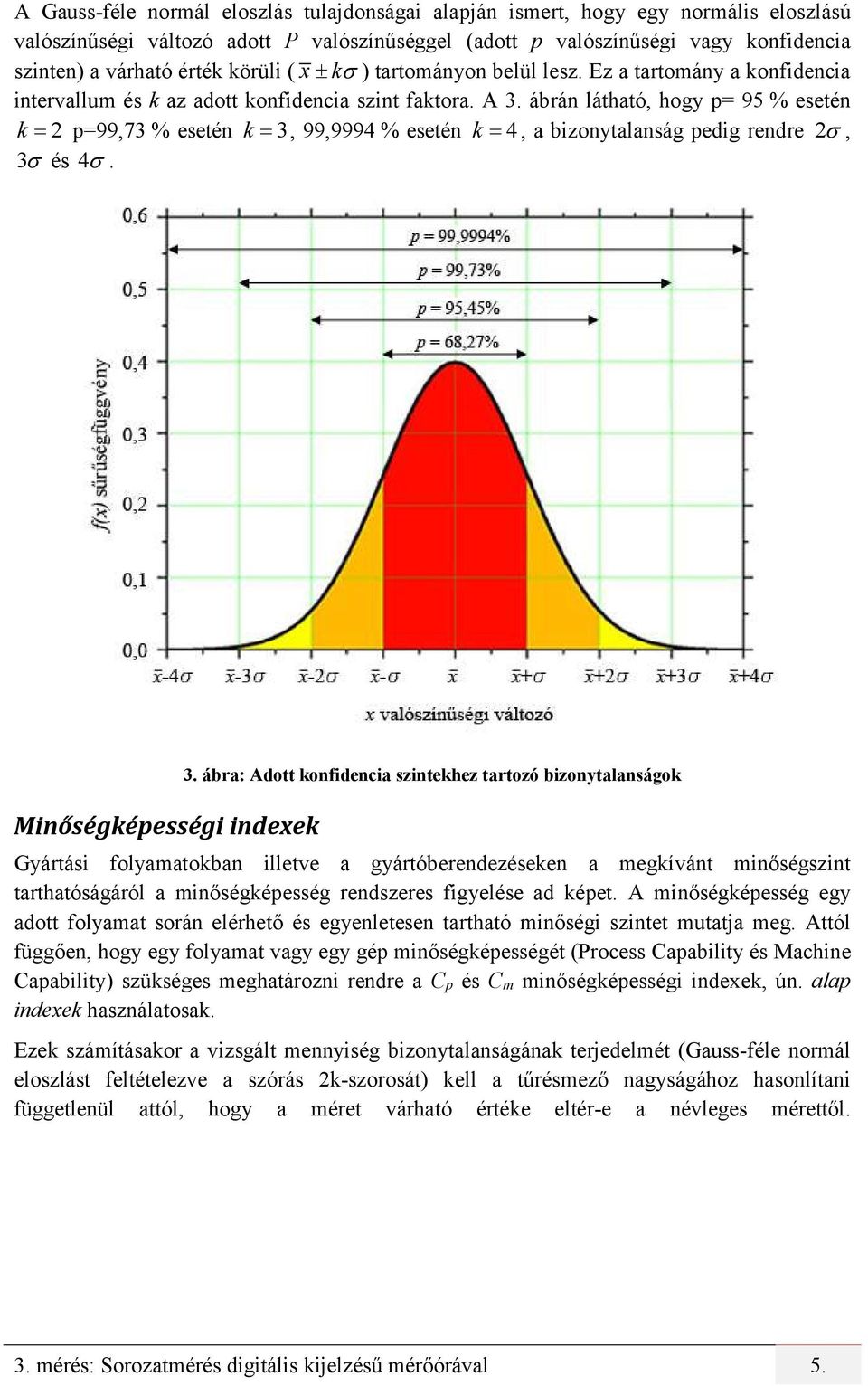 ábrán látható, hogy = 95 % esetén k 2 =99,73 % esetén k 3, 99,9994 % esetén k 4, a bizonytalanság edig rendre 2, 3 és 4. Minőségkéességi indexek 3.