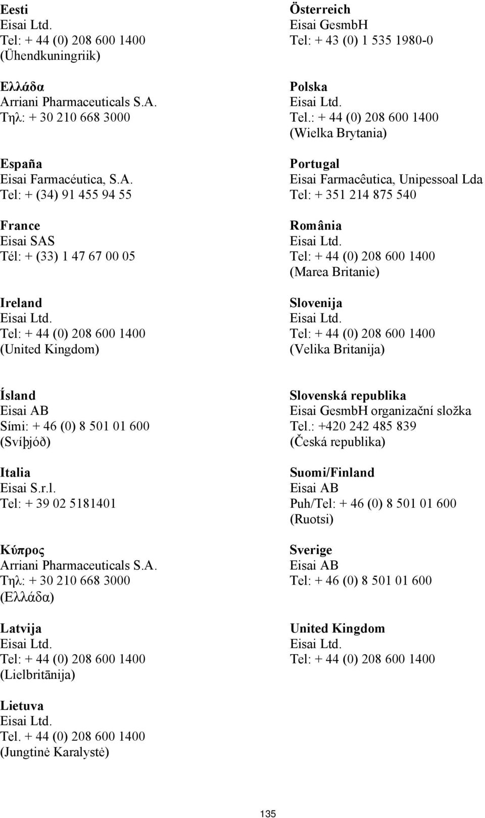 (Svíþjóð) Italia Eisai S.r.l. Tel: + 39 02 5181401 Κύπρος Arriani Pharmaceuticals S.A. Τηλ: + 30 210 668 3000 (Ελλάδα) Latvija (Lielbritānija) Slovenská republika Eisai GesmbH organizační složka Tel.