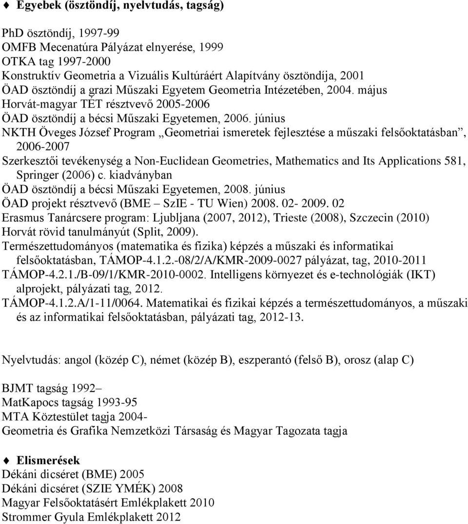 június NKTH Öveges József Program Geometriai ismeretek fejlesztése a műszaki felsőoktatásban, 2006-2007 Szerkesztői tevékenység a Non-Euclidean Geometries, Mathematics and Its Applications 581,