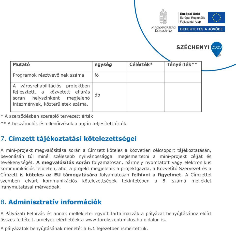 Címzett tájékoztatási kötelezettségei A mini-projekt megvalósítása során a Címzett köteles a közvetlen célcsoport tájékoztatásán, bevonásán túl minél szélesebb nyilvánossággal megismertetni a