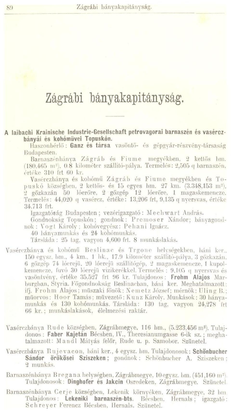 Termelés: 2,505 q barnaszén, ériéke 310 frt 60 kr. Vasérczbánya és kohómíí Zágráb és Fiume megyékben és Topuskó községijen. 2 kellős- és 15 egyes bm. 27 km. (3.348.153 m-i.