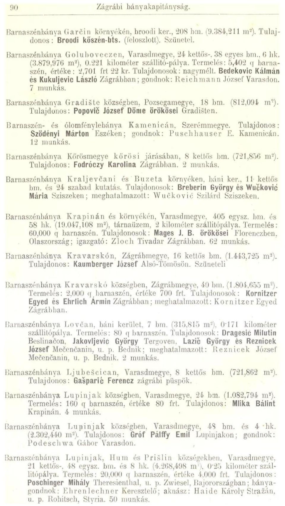 Tulajdonosok: nagymélt. Bedekovic Kálmán és Kukuljevic László Zágrábban; gondnok: lleichmann József Varasilon. 7 munkás. Barnaszénbánya Gradistc községben, Pozscgamegye, 18 bm. (812,091 m-).