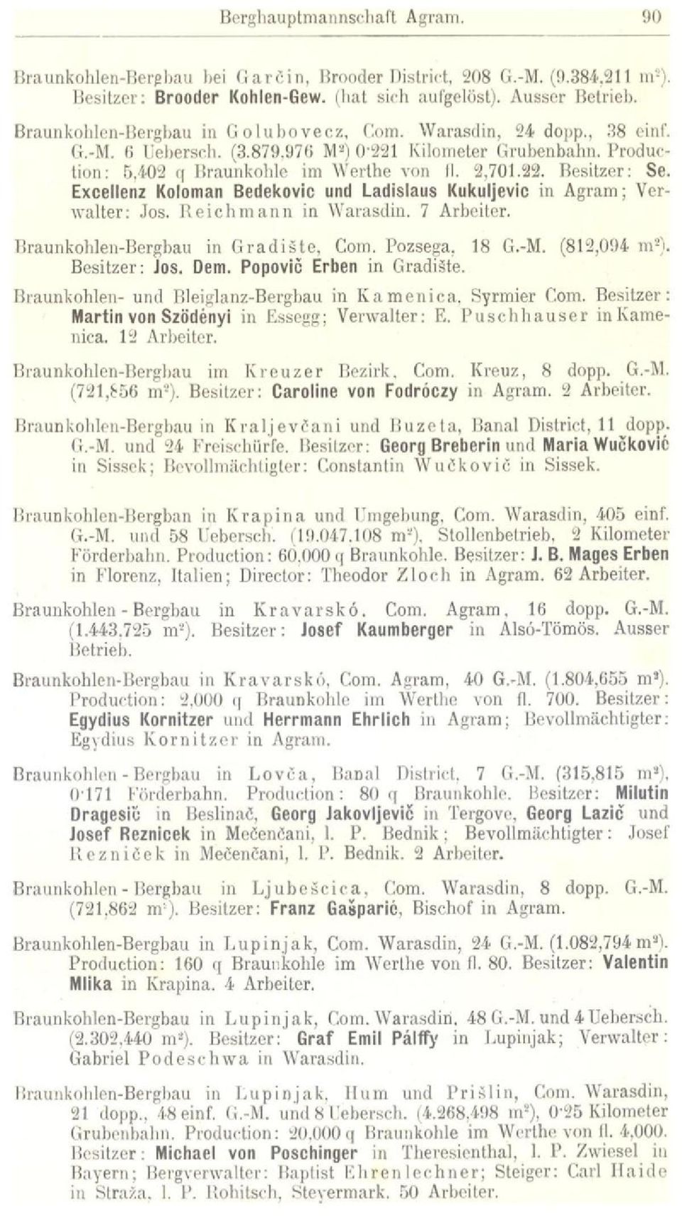 Excellenz Koloman Bedekovic und Ladislaus Kukuljevic in Agram; Verwalter: Jos. Reichmann in Warasdin. 7 Arbeiter. Braunkohlen-Bergbau in Gradiste, Com. Pozsega, 18 G.-M. (812,094 in' 2 ).