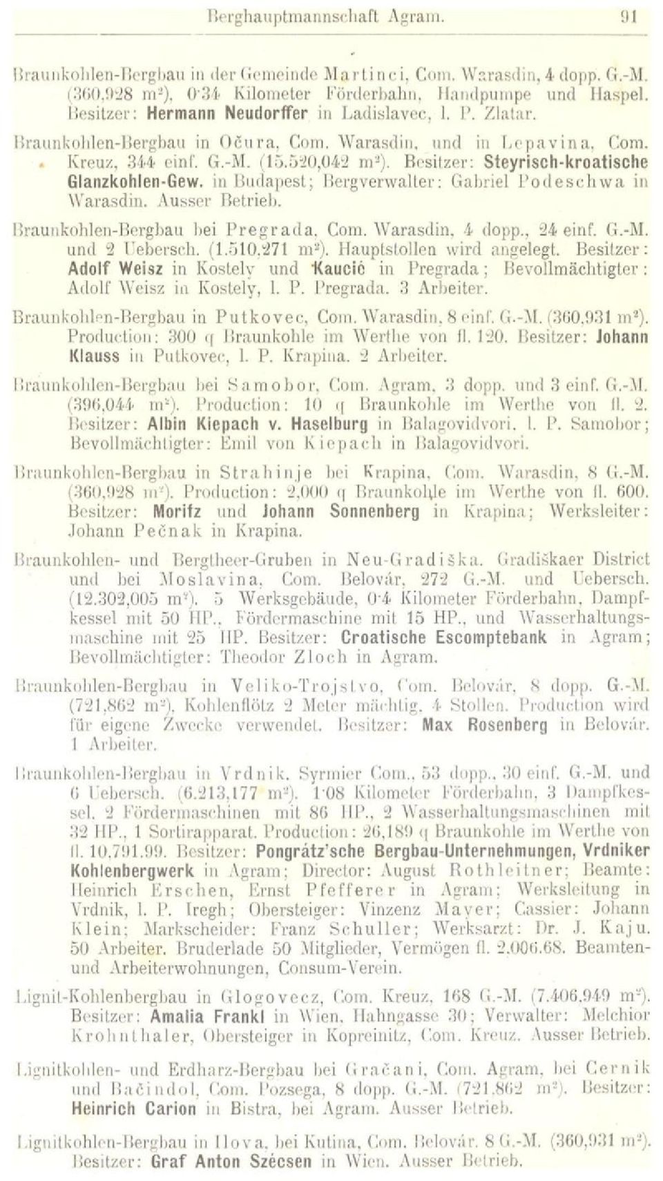 Besilzer: Steyrisch-kroatische Glanzkohlen-Gew. in Budapest; Bergverwalter: Gabriel Podeschwa in Warasdin. Ausser Betrieb. Braunkohlen-Bergbau bei Pregrada, Com. Warasdin. 4 dopp., 24 einf. G.-M.