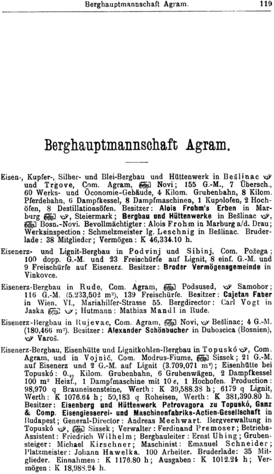 Besitzer: Alois Frohm's Erben in MarburggJgG xp, Steiermark; Bergbau und Hüttenwerke in Beálinac ghü Bosn.-Novi. Bevollmächtigter : Alois Fr ohm in Marburg a/d.