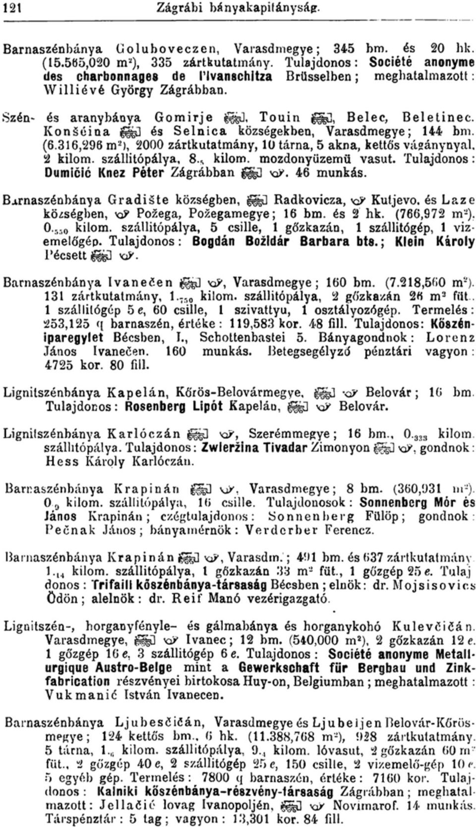 Konáéina és Selnica községekben, Varasdmegye; 144 bm. (6.316,296 m 2 ), 2000 zártkutatmány, 10 tárna, 5 akna, kettős vágánynyal, 2 kilom. szállitópálya, 8.* kilom. mozdonyüzemü vasút.