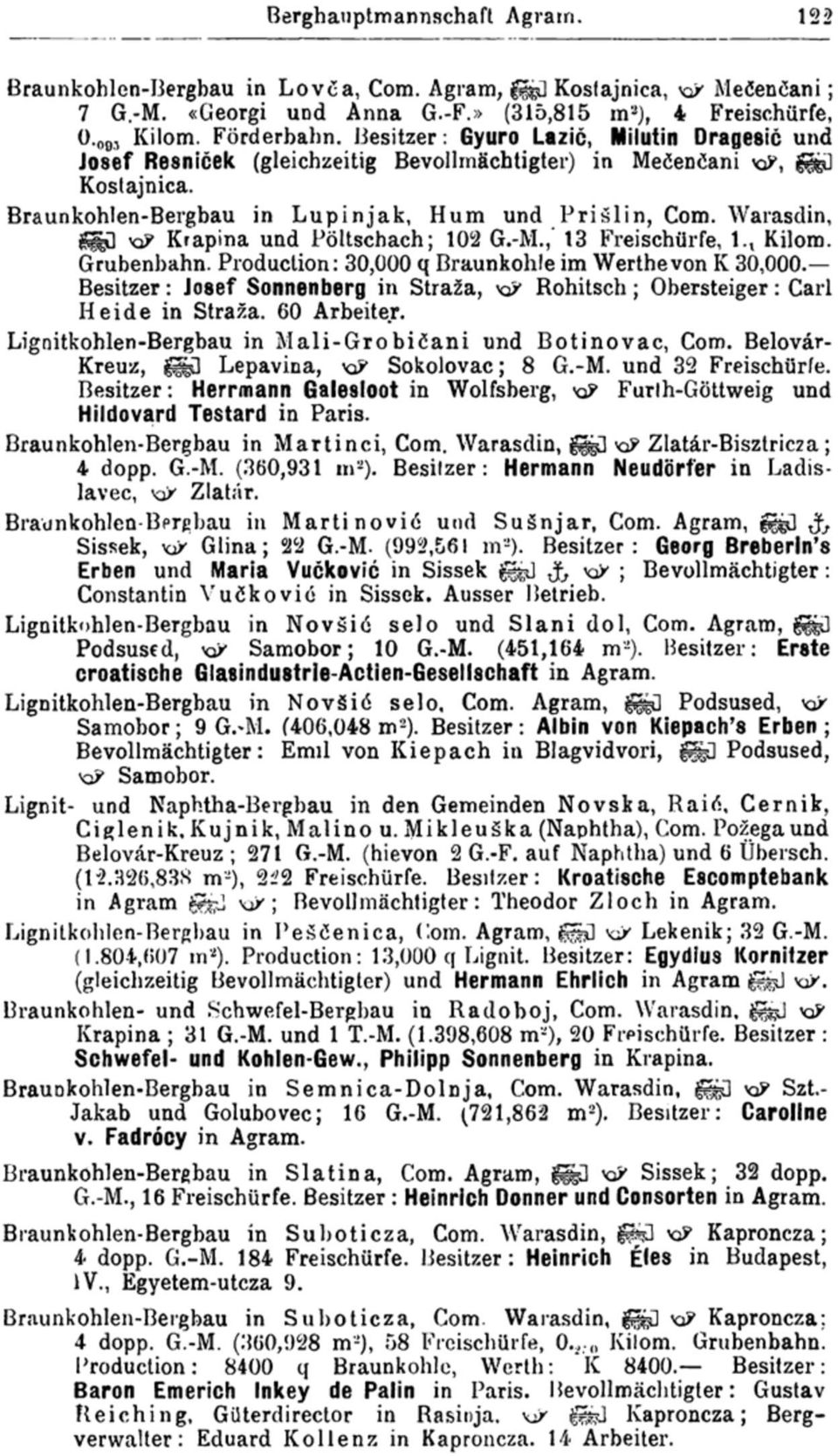 Warasdin, xp Krapina und Pöltschach; 102 G.-M.,* 13 Freischärfe, l. t Kilom. Grubenbahn. Production: 30,000 q Braunkohle im Werthe von K 30,000.