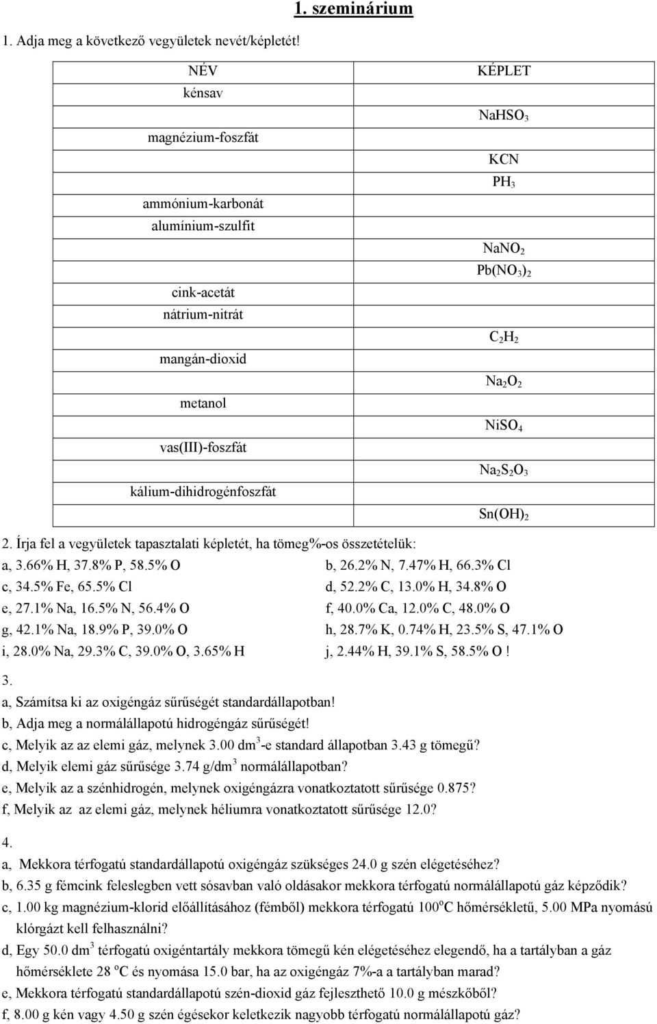 Pb(NO 3 ) 2 C 2 H 2 Na 2 O 2 NiSO 4 Na 2 S 2 O 3 Sn(OH) 2 2. Írja fel a vegyületek tapasztalati képletét, ha tömeg%-os összetételük: a, 3.66% H, 37.8% P, 58.5% O b, 26.2% N, 7.47% H, 66.3% Cl c, 34.