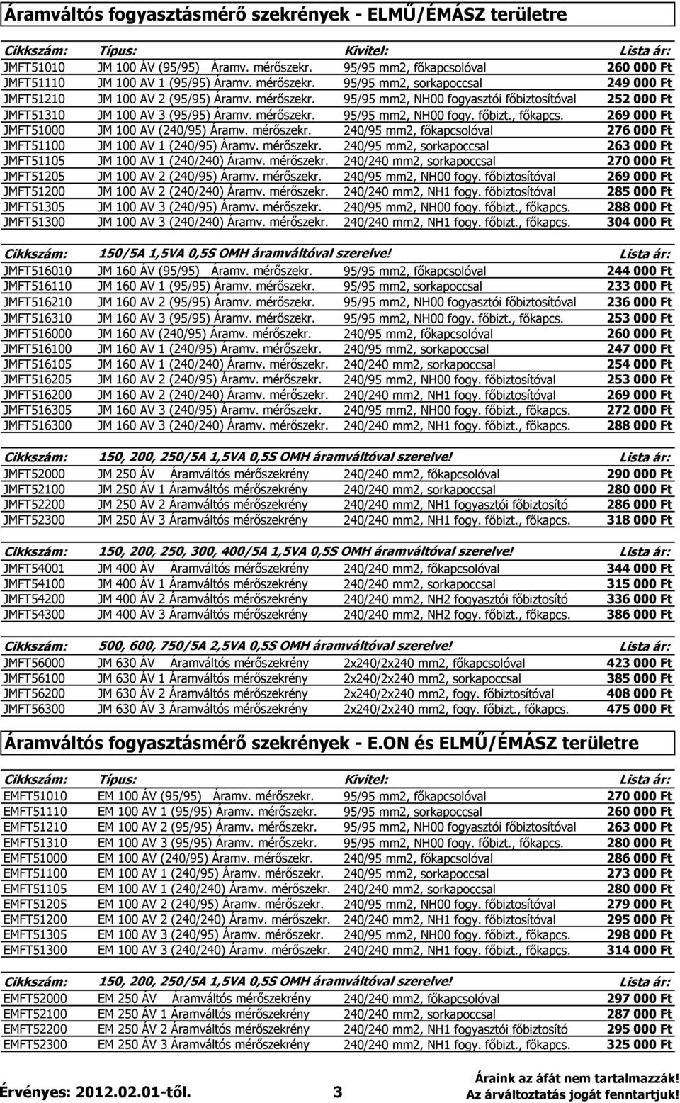 mérıszekr. 240/95 mm2, fıkapcsolóval 276 000 Ft JMFT51100 JM 100 AV 1 (240/95) Áramv. mérıszekr. 240/95 mm2, sorkapoccsal 263 000 Ft JMFT51105 JM 100 AV 1 (240/240) Áramv. mérıszekr. 240/240 mm2, sorkapoccsal 270 000 Ft JMFT51205 JM 100 AV 2 (240/95) Áramv.