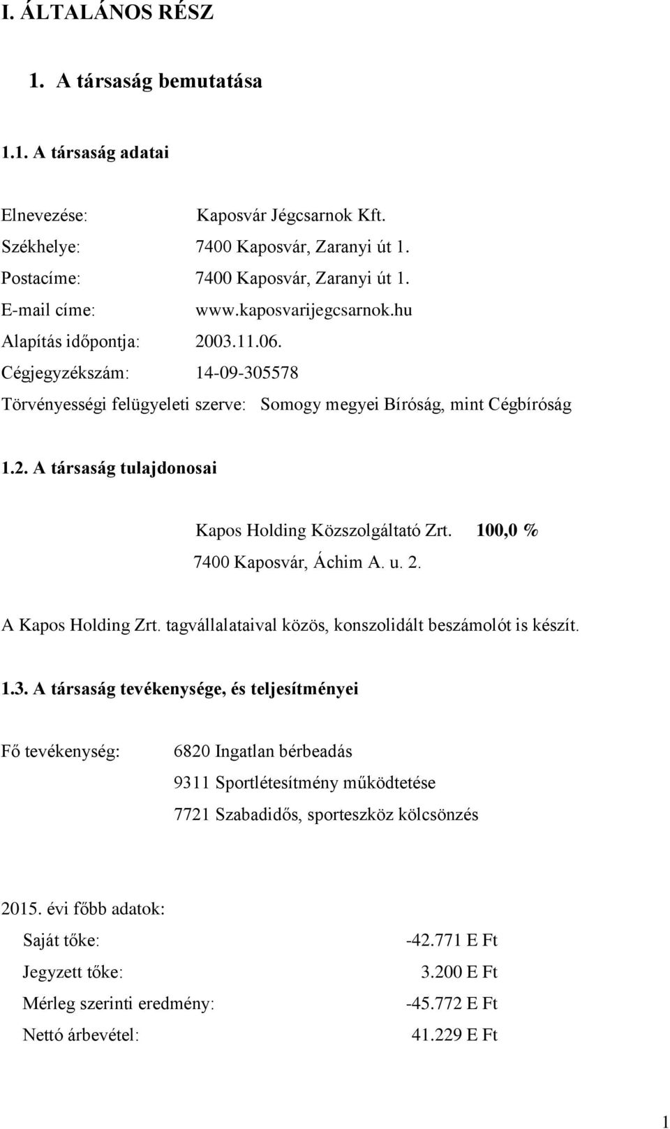 100,0 % 7400 Kaposvár, Áchim A. u. 2. A Kapos Holding Zrt. tagvállalataival közös, konszolidált beszámolót is készít. 1.3.