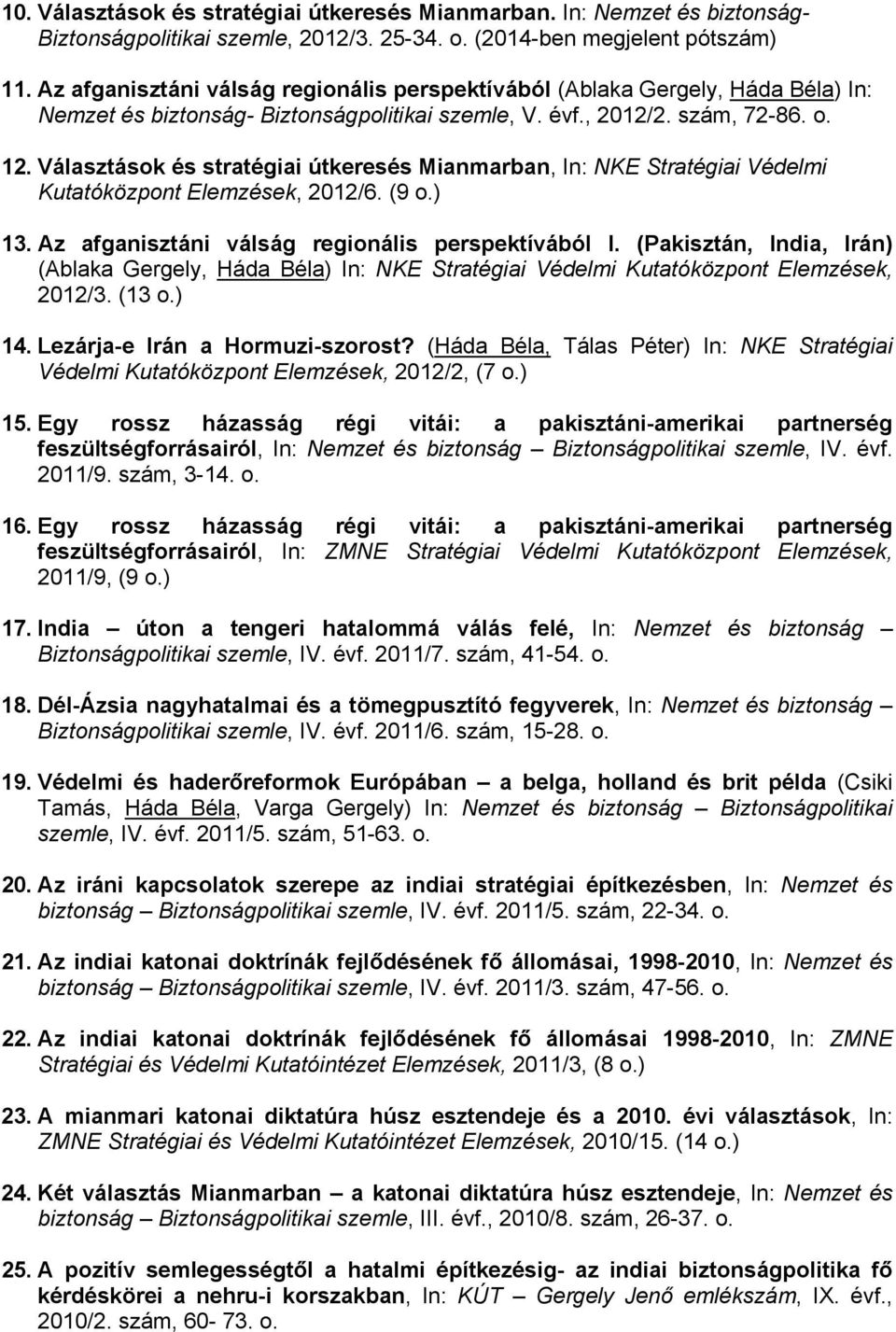 Választások és stratégiai útkeresés Mianmarban, In: NKE Stratégiai Védelmi Kutatóközpont Elemzések, 2012/6. (9 o.) 13. Az afganisztáni válság regionális perspektívából I.