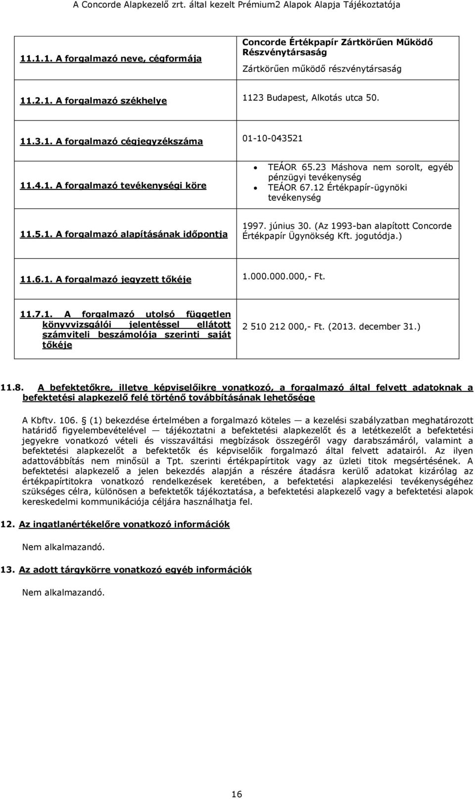 (Az 1993-ban alapított Concorde Értékpapír Ügynökség Kft. jogutódja.) 11.6.1. A forgalmazó jegyzett tőkéje 1.000.000.000,- Ft. 11.7.1. A forgalmazó utolsó független könyvvizsgálói jelentéssel ellátott számviteli beszámolója szerinti saját tőkéje 2 510 212 000,- Ft.