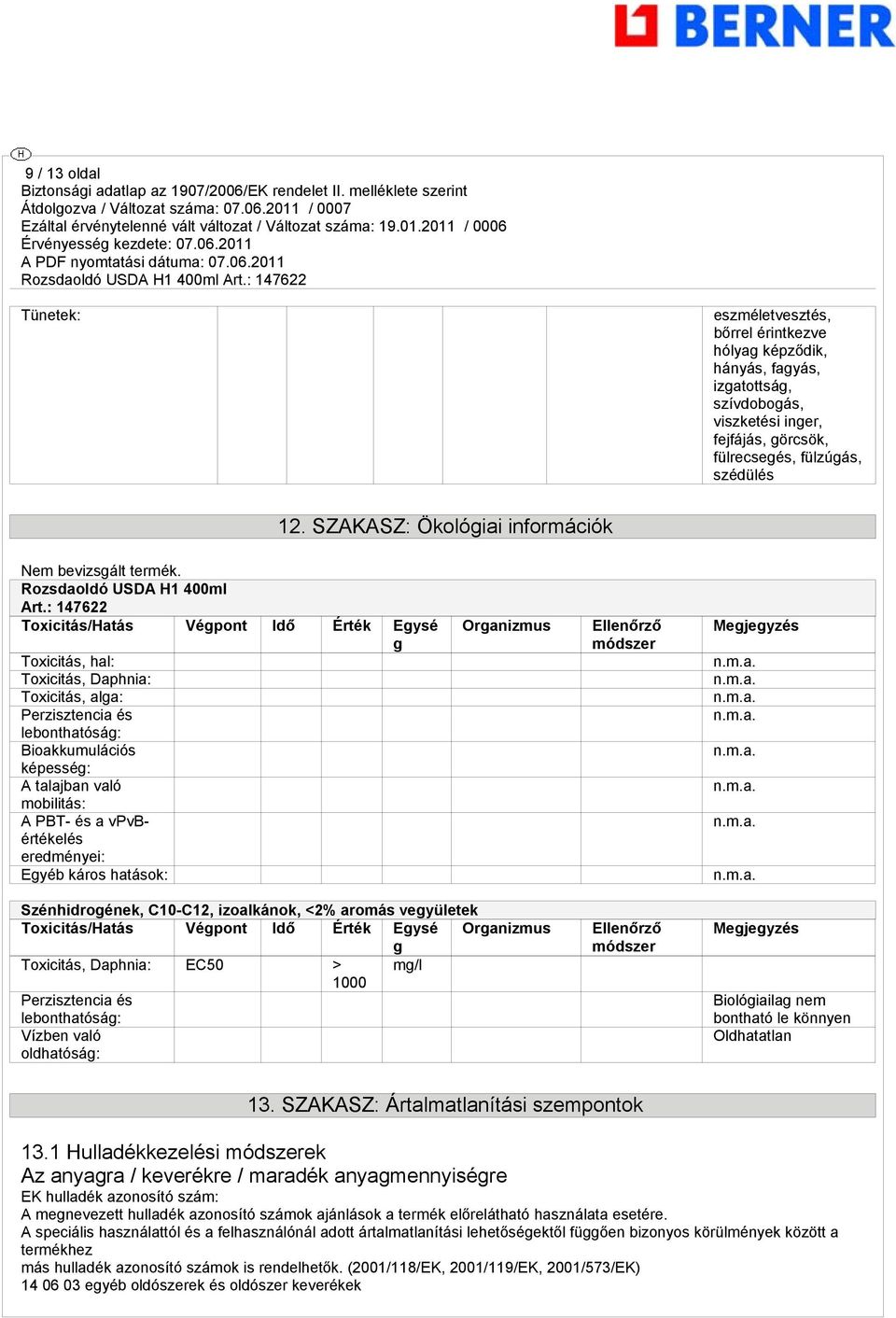 : 147622 Toxicitás/Hatás Végpont Idő Érték Egysé g Toxicitás, hal: Toxicitás, Daphnia: Toxicitás, alga: Perzisztencia és lebonthatóság: Bioakkumulációs képesség: A talajban való mobilitás: A PBT- és