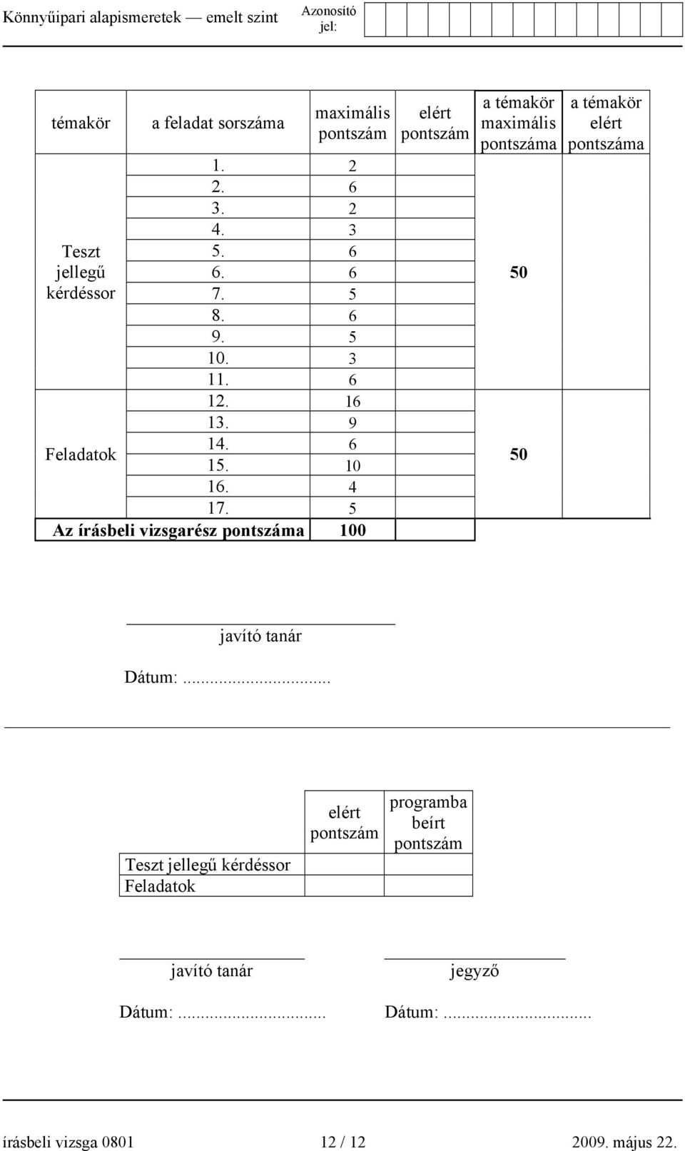 5 Az írásbeli vizsgarész pontszáma 100 elért pontszám a témakör maximális pontszáma 50 50 a témakör elért pontszáma