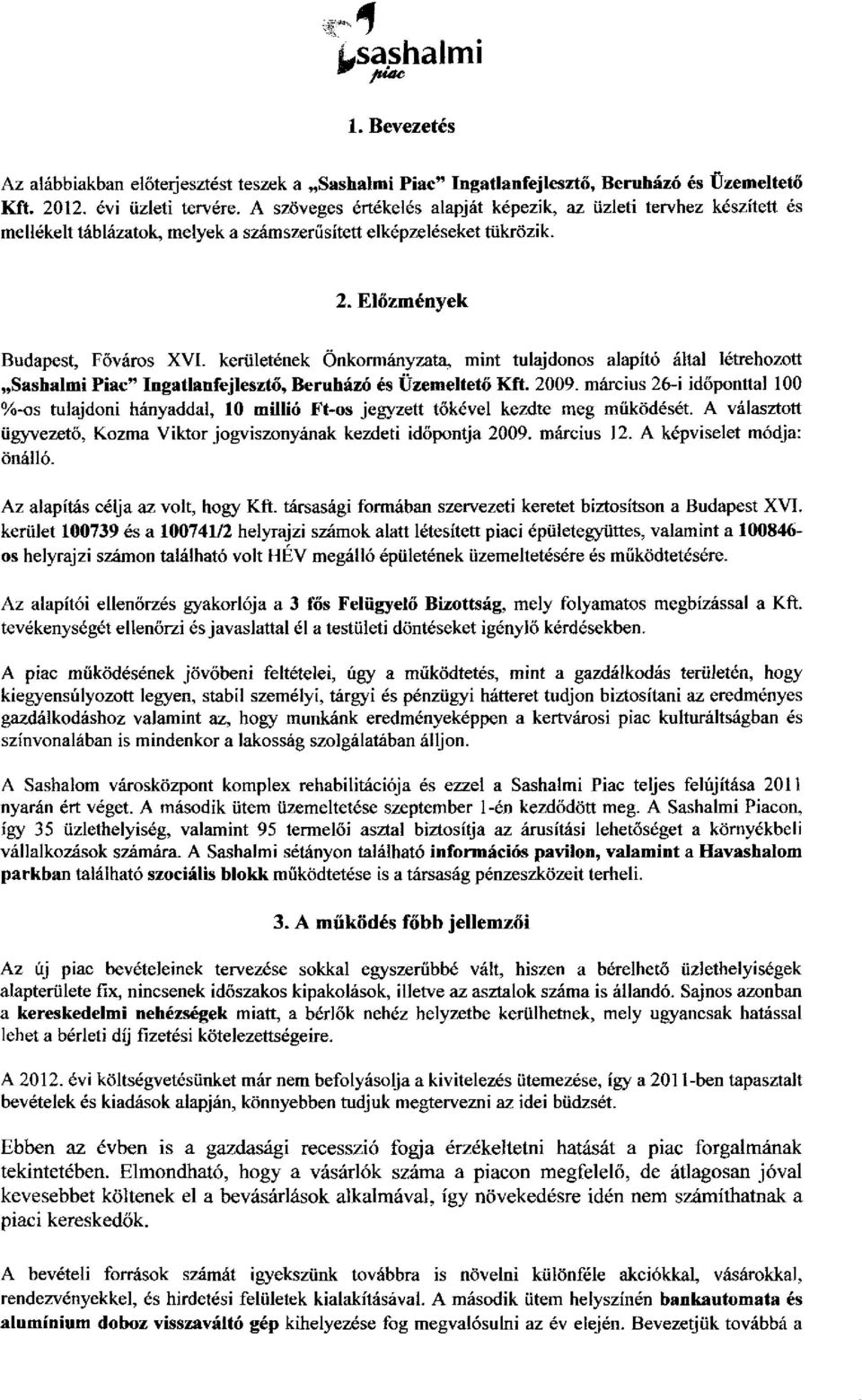 kerületének Önkormányzata, mint tulajdonos alapító által létrehozott Sashalmi Piac" Ingatlanfejlesztő, Beruházó és Üzemeltető Kft. 2009.