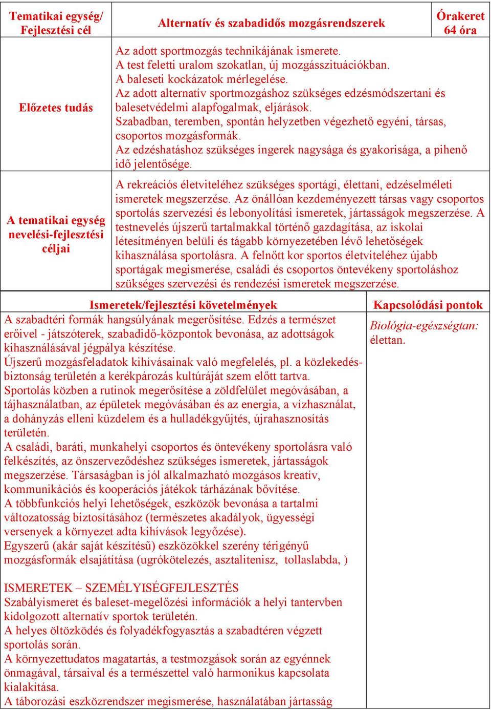 Szabadban, teremben, spontán helyzetben végezhető egyéni, társas, csoportos mozgásformák. Az edzéshatáshoz szükséges ingerek nagysága és gyakorisága, a pihenő idő jelentősége.