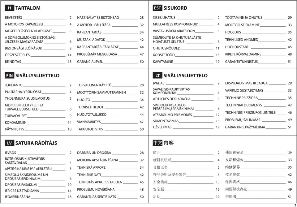 OHUTUSALASTE HOIATUSTE SELETUS 6 OHUTUSNÕUDED 11 HOOLDUS 35 TEHNILISED ANDMED 42 HOOLDUSTABEL 45 ÖSSZESZERELÉS 14 PROBLÉMÁK MEGOLDÁSA 47 KOOSTETÖÖD 15 RIKETE KÕRVALDAMINE 48 BEINDĺTÁS 18