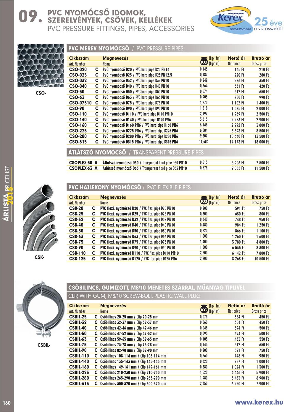 hard pipe D50 PN10 0,574 512 Ft 650 Ft CSO-63 C PVC nyomócsô D63 / PVC hard pipe D63 PN10 0,903 780 Ft 990 Ft CSO-07510 C PVC nyomócsô D75 / PVC hard pipe D75 PN10 1,270 1 102 Ft 1 400 Ft CSO-90 C