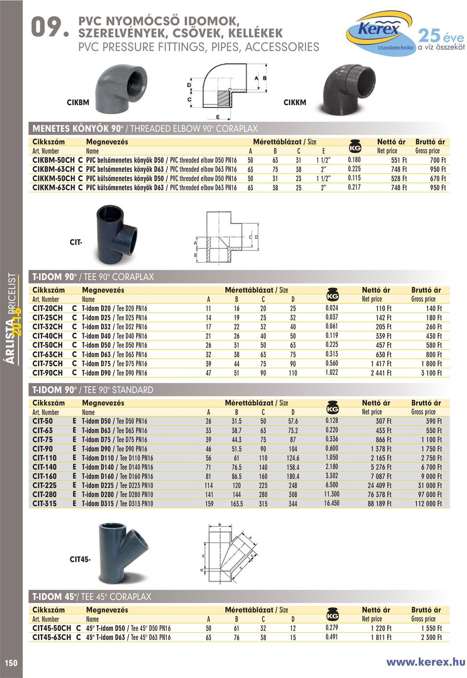 225 748 Ft 950 Ft CIKKM-50CH C PVC külsômenetes könyök D50 / PVC threaded elbow D50 PN16 50 31 23 1 1/2 0.