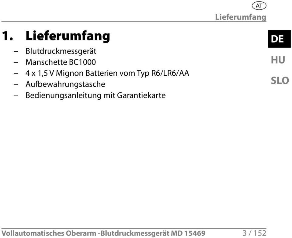 Bedienungsanleitung mit Garantiekarte Lieferumfang DE HU SLO