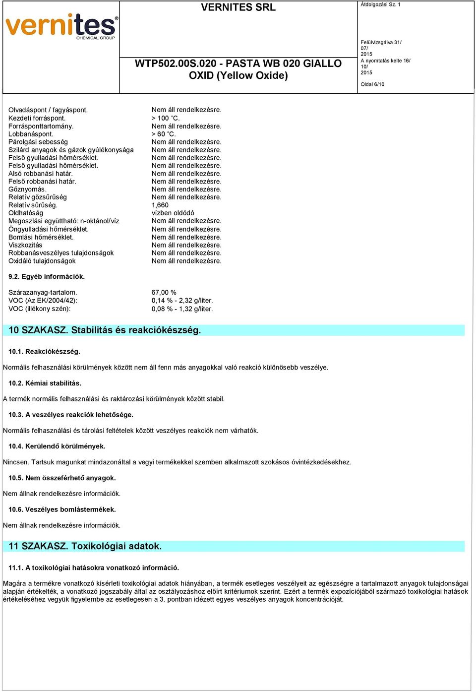 1,660 Oldhatóság vízben oldódó Megoszlási együttható: n-oktánol/víz Öngyulladási hőmérséklet. Bomlási hőmérséklet. Viszkozitás Robbanásveszélyes tulajdonságok Oxidáló tulajdonságok 9.2.