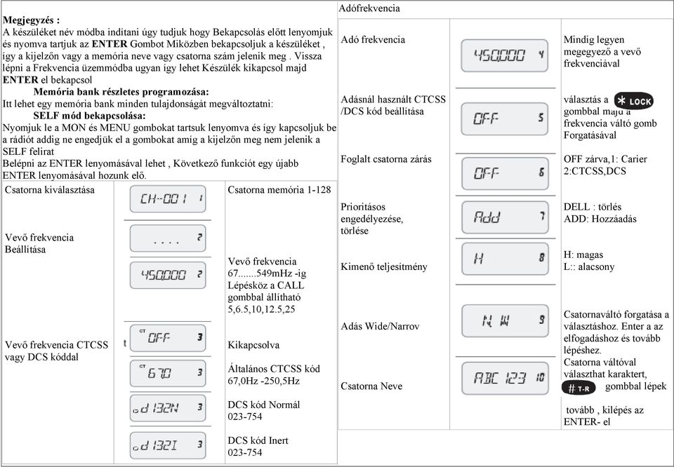 Vissza lépni a Frekvencia üzemmódba ugyan így lehet Készülék kikapcsol majd ENTER el bekapcsol Memória bank részletes programozása: Itt lehet egy memória bank minden tulajdonságát megváltoztatni: