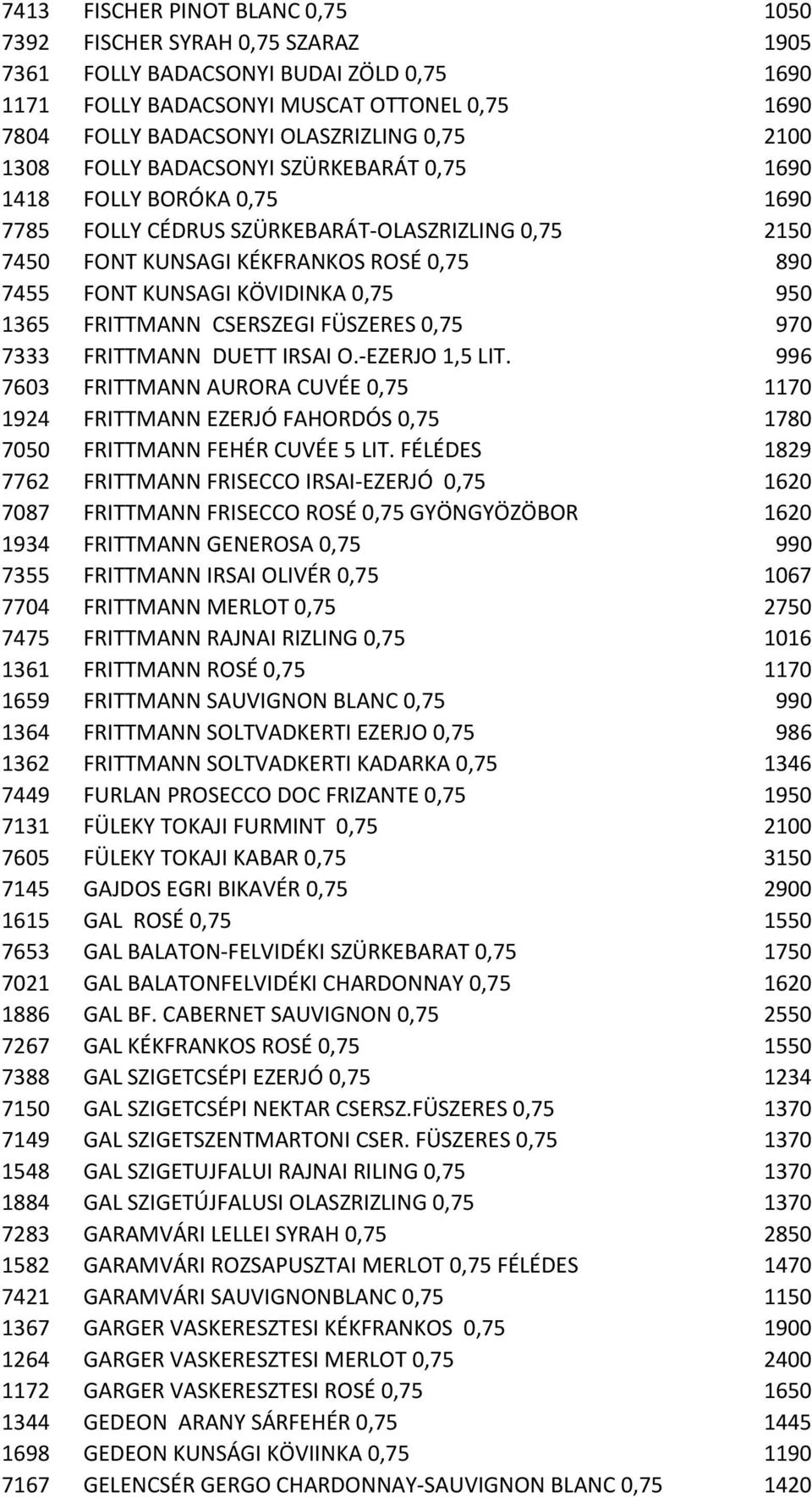 KÖVIDINKA 0,75 950 1365 FRITTMANN CSERSZEGI FÜSZERES 0,75 970 7333 FRITTMANN DUETT IRSAI O.-EZERJO 1,5 LIT.