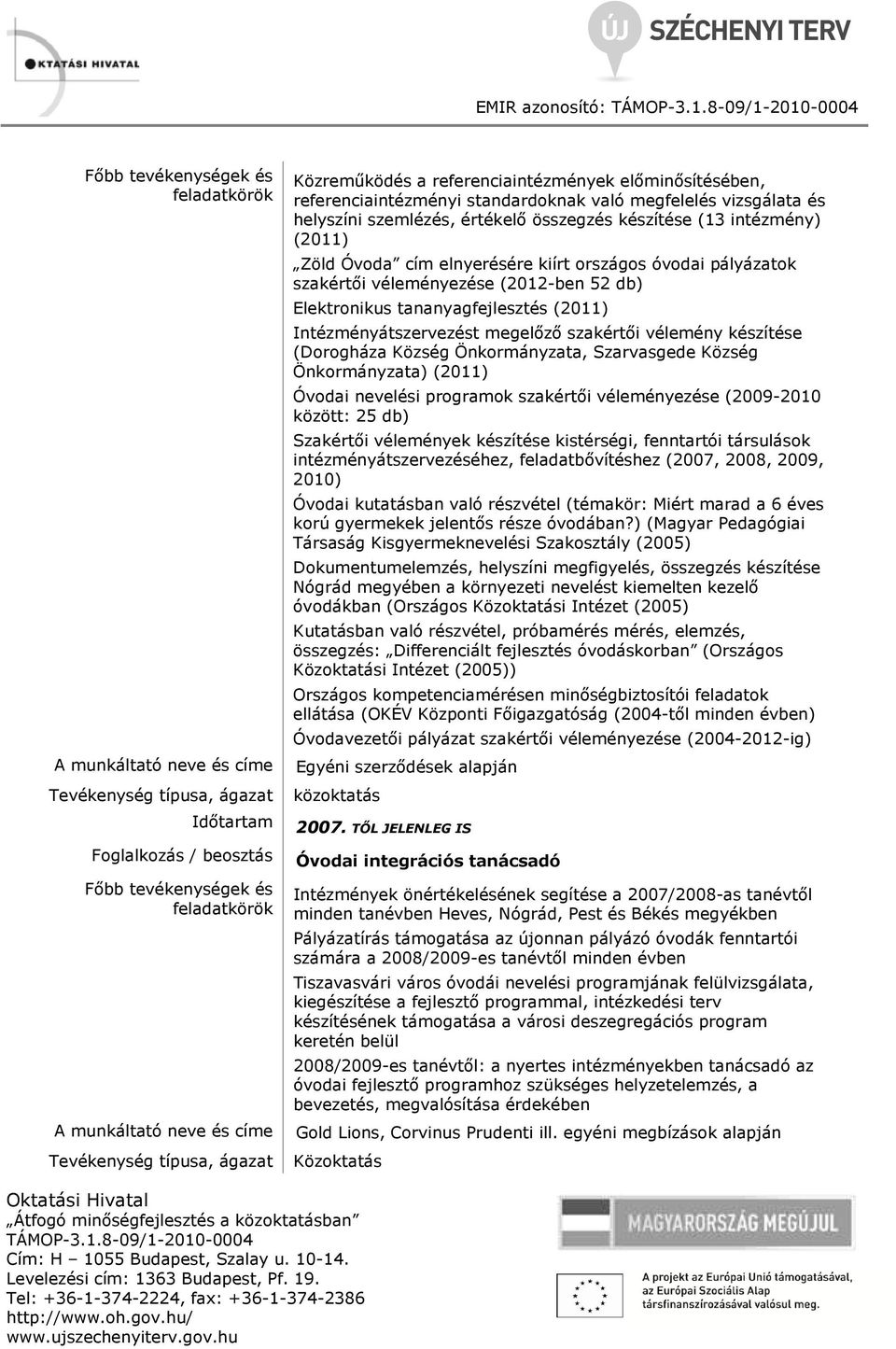 Óvoda cím elnyerésére kiírt országos óvodai pályázatok szakértői véleményezése (2012-ben 52 db) Elektronikus tananyagfejlesztés (2011) Intézményátszervezést megelőző szakértői vélemény készítése