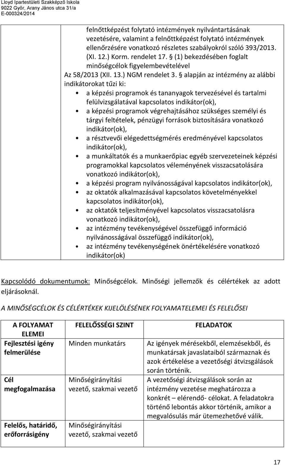 alapján az intézmény az alábbi indikátorokat tűzi ki: a képzési programok és tananyagok tervezésével és tartalmi felülvizsgálatával kapcsolatos indikátor(ok), a képzési programok végrehajtásához