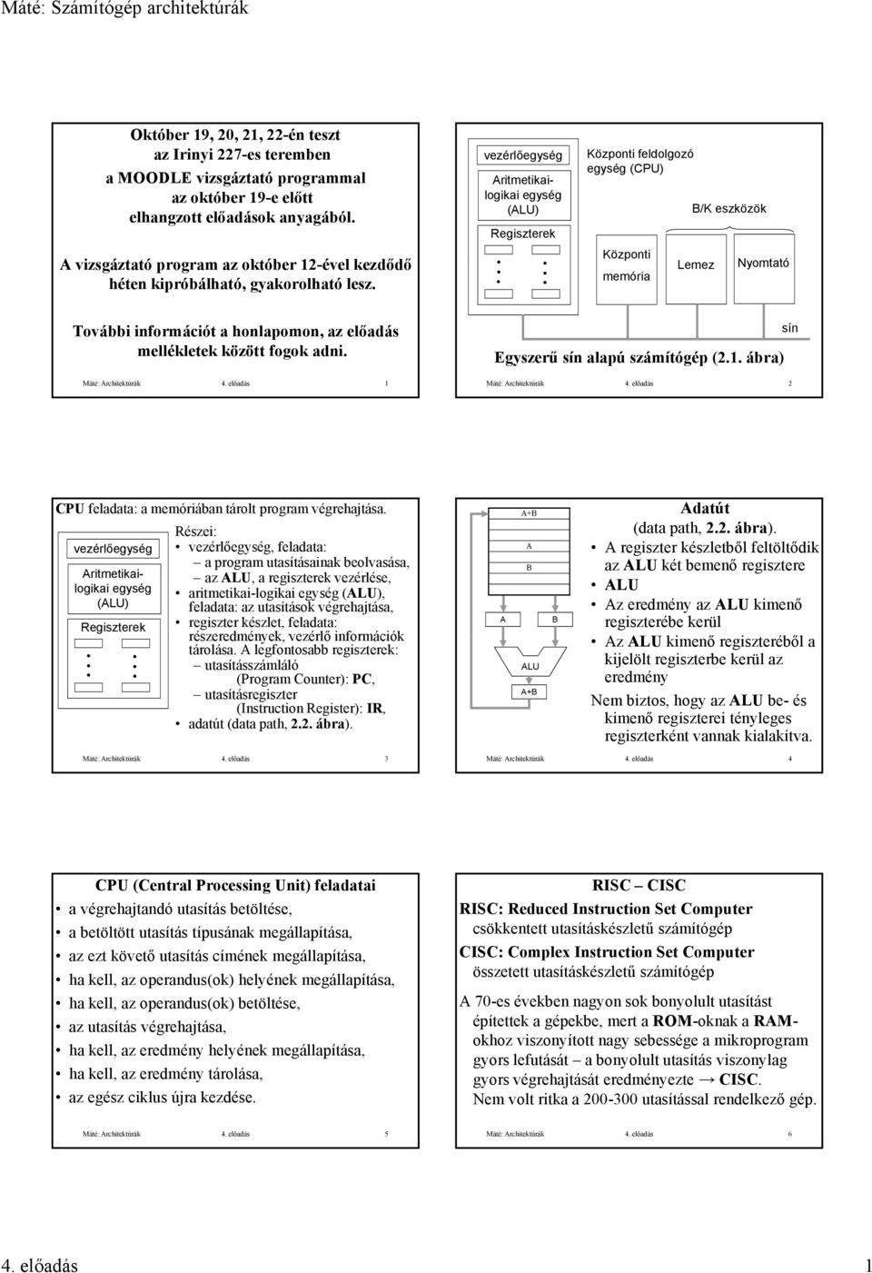 . Központi feldolgozó () Központi B/K eszközök Lemez Nyomtató tó További információt a honlapomon, az előadás mellékletek között fogok adni. Máté: Architektúrák 4.