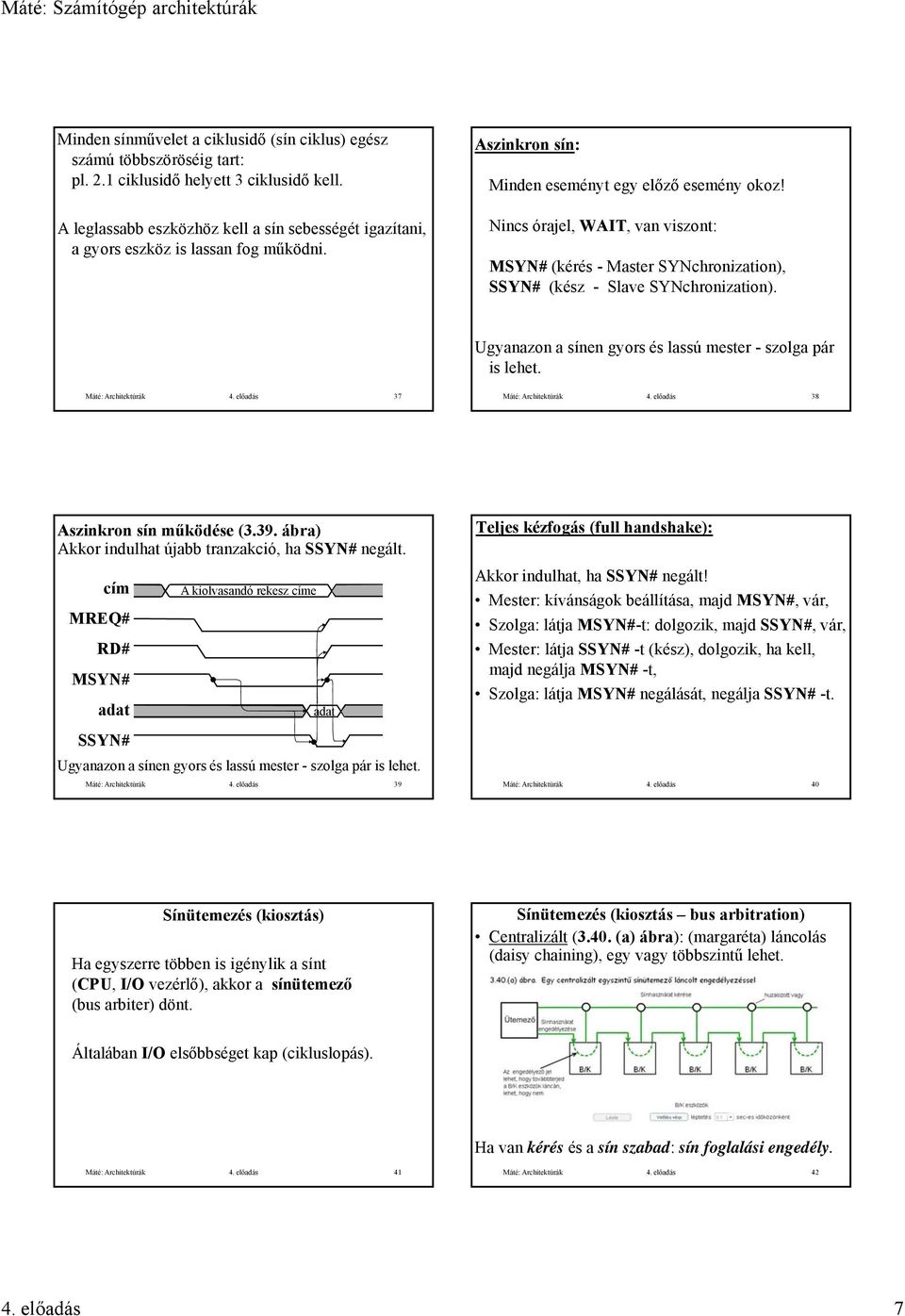 Nincs órajel, WAIT, van viszont: MSYN# (kérés - Master SYNchronization), SSYN# (kész - Slave SYNchronization). Ugyanazon a sínen gyors és lassú mester - szolga pár is lehet. Máté: Architektúrák 4.