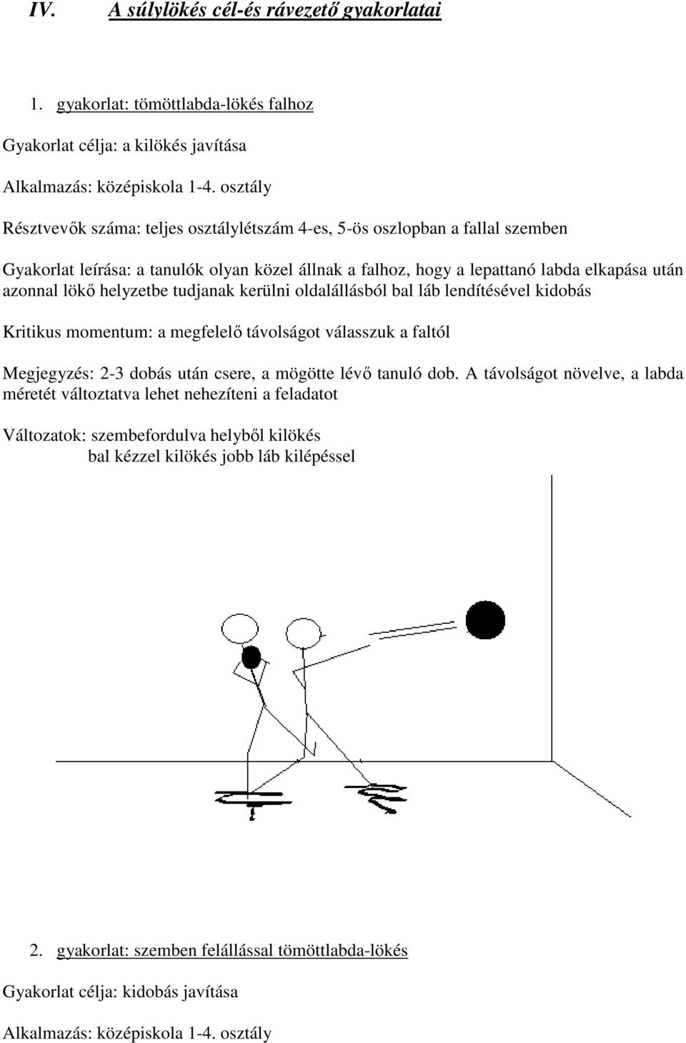 helyzetbe tudjanak kerülni oldalállásból bal láb lendítésével kidobás Kritikus momentum: a megfelelő távolságot válasszuk a faltól Megjegyzés: 2-3 dobás után csere, a mögötte lévő tanuló dob.