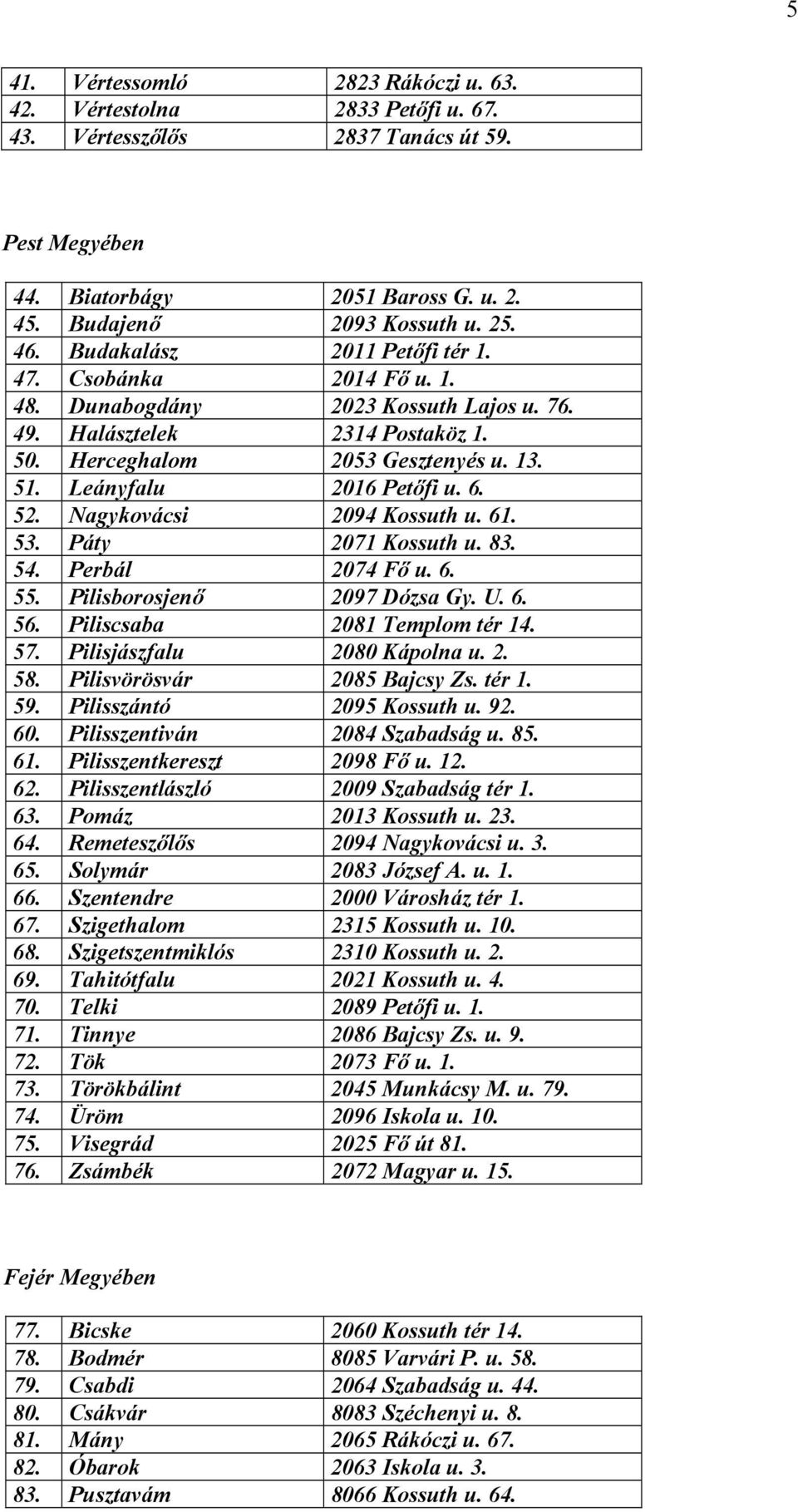 6. 52. Nagykovácsi 2094 Kossuth u. 61. 53. Páty 2071 Kossuth u. 83. 54. Perbál 2074 Fő u. 6. 55. Pilisborosjenő 2097 Dózsa Gy. U. 6. 56. Piliscsaba 2081 Templom tér 14. 57.