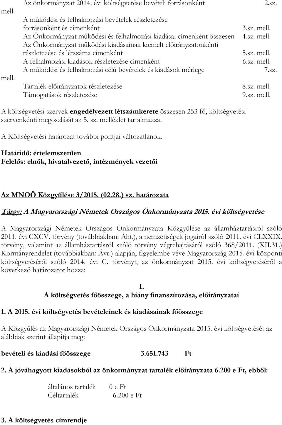 sz. Tartalék előirányzatok részletezése 8.sz. mell. Támogatások részletezése 9.sz. mell. A költségvetési szervek engedélyezett létszámkerete összesen 253 fő, költségvetési szervenkénti megoszlását az 5.