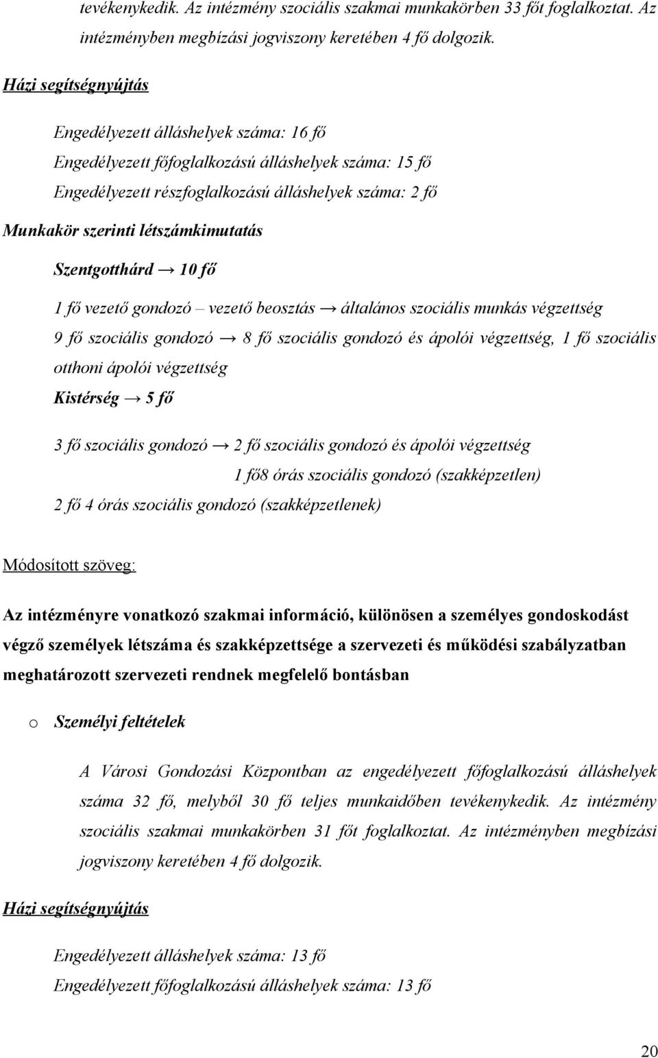 létszámkimutatás Szentgotthárd 10 fő 1 fő vezető gondozó vezető beosztás általános szociális munkás végzettség 9 fő szociális gondozó 8 fő szociális gondozó és ápolói végzettség, 1 fő szociális