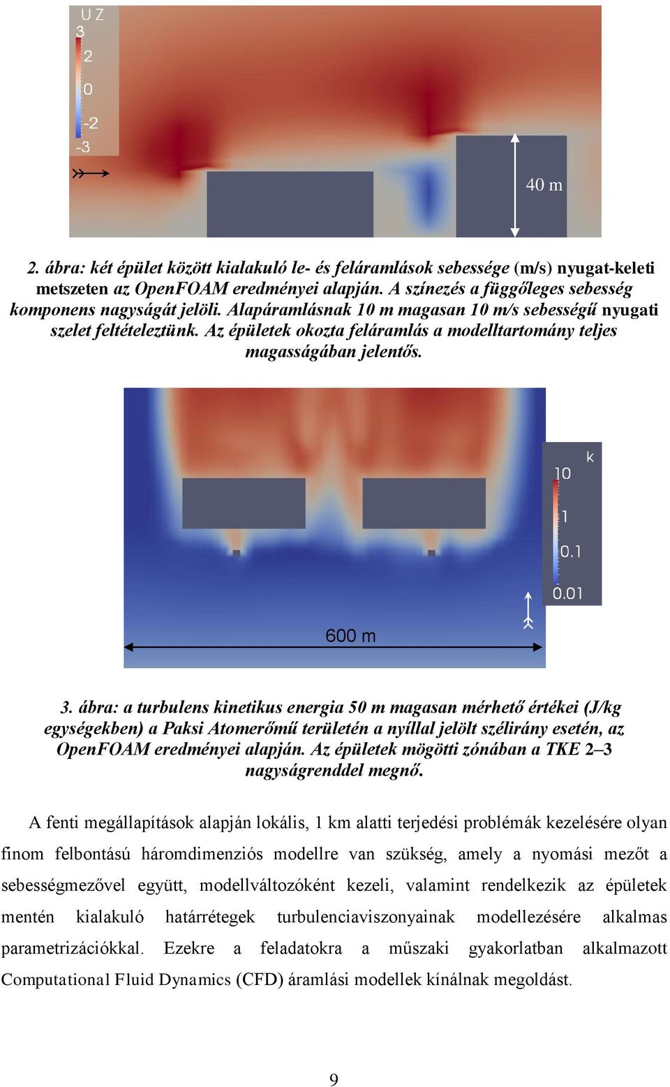 ábra: a turbulens kinetikus energia 50 m magasan mérhető értékei (J/kg egységekben) a Paksi Atomerőmű területén a nyíllal jelölt szélirány esetén, az OpenFOAM eredményei alapján.