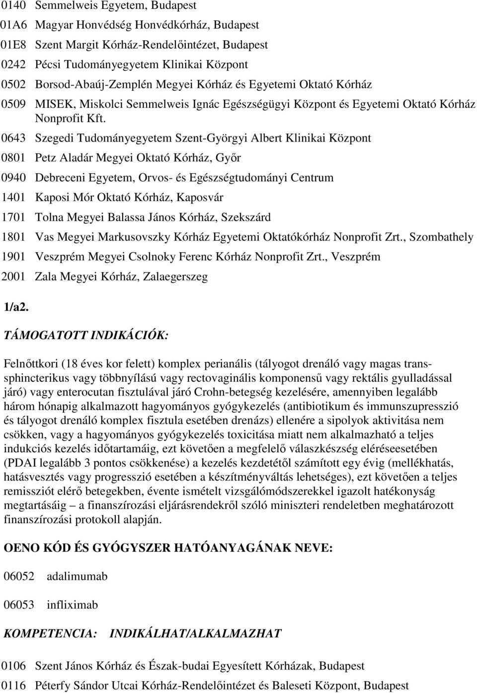 0643 Szegedi Tudományegyetem Szent-Györgyi Albert Klinikai Központ 0801 Petz Aladár Megyei Oktató Kórház, Gyır 0940 Debreceni Egyetem, Orvos- és Egészségtudományi Centrum 1401 Kaposi Mór Oktató