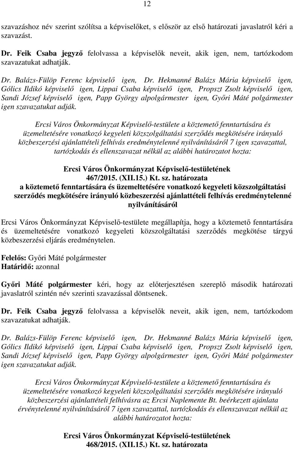Hekmanné Balázs Mária képviselő igen, Gólics Ildikó képviselő igen, Lippai Csaba képviselő igen, Propszt Zsolt képviselő igen, Sandi József képviselő igen, Papp György alpolgármester igen, Győri Máté